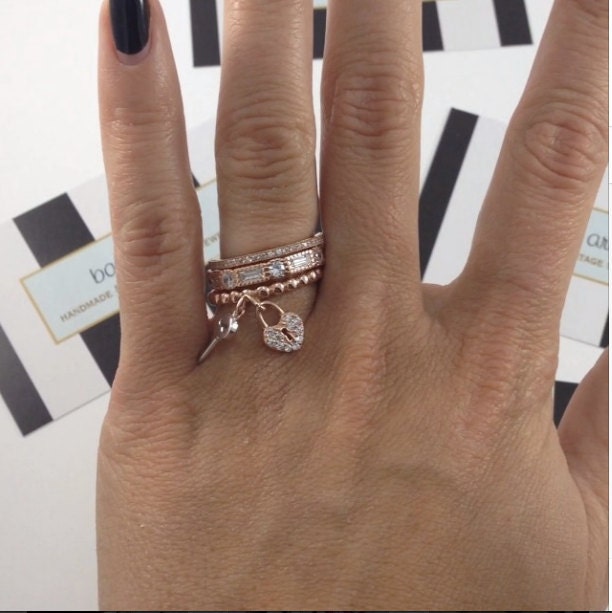 Set of 3 Stack Rings Heart Lock Ring Stackable Gold Ring Etsy