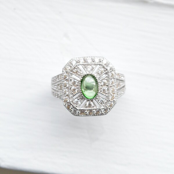 Peridot Art Deco Ring - August Birthstone - Micro Pave Ring - Sterling Silver Ring - Stunning Estate Ring