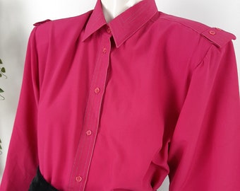 Vintage Military style shirt, fuchsia pink blouse, metallic embroidery, blouse size 8, Simon Chang