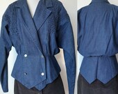 Vintage denim jacket, Denim tuxedo style jacket, womens suit jacket 80s style Michael Phillips Vintage blazer with ruching