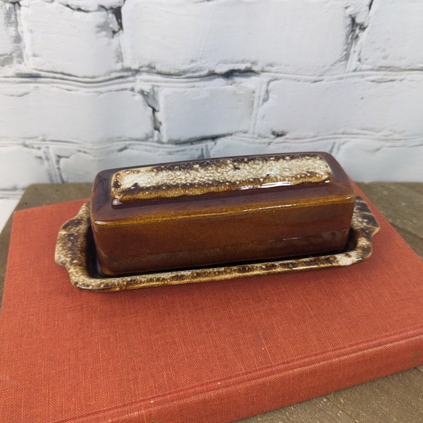 pottery Butter dish, butter dish with lid, hull oven proof usa butter dish, brown drip glaze
