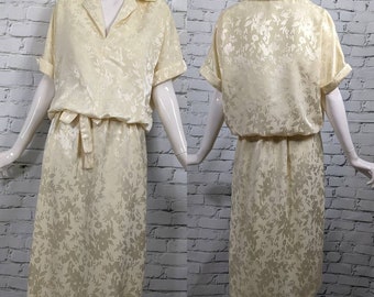 1980s satin dress with floral fabric short sleeves and shirt collar size 8