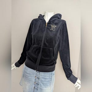 Y2K Juicy Couture Velvet Hoodie Women’s Black Zip Up Gold Logo Rhinestone M