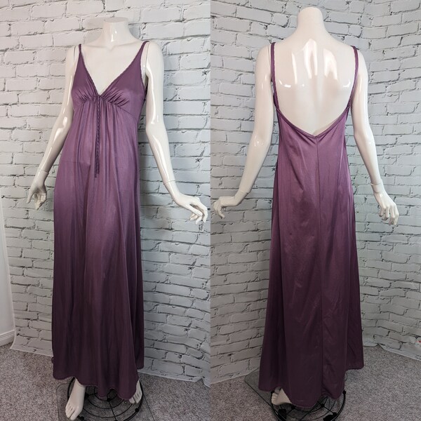 Vintage nightgown, Vintage slip dress, purple satin nightie, empire waist low V low back