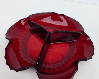 Nueva fuente para condimentos de 3 partes Martinsville Radiance Ruby, bandeja para servir de vidrio Ruby, bandeja de servicio de vidrio de 3 secciones, plato para baratijas de vidrio rojo