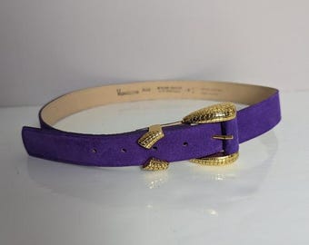 Vintage 90s Vermillion Purple Suede Belt, Gold Snake-Texture Hardware, Size L