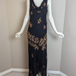 Vintage 90s Cartise Couture Beaded Silk Slip Dress Cowl Neck Bias Cut Size L
