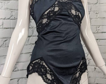 One piece romper lingerie, black satin lace teddy, 36