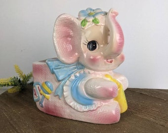 elephant planter, Rubens Originals, Pink elephant Anthropomorphic Vase, nursery baby shower gift, vintage pottery mid century
