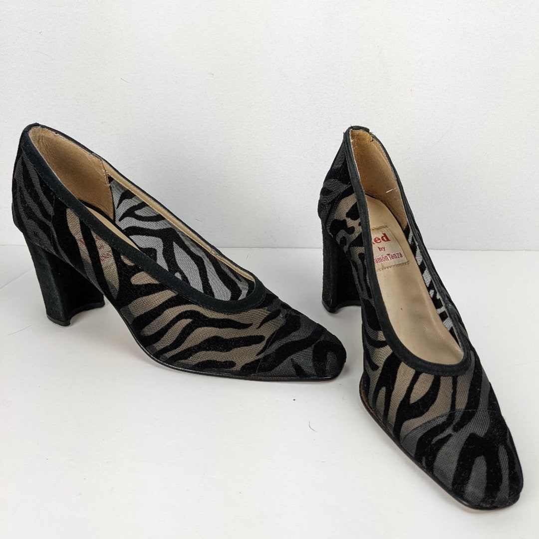 Vintage Block Heel Pumps Mesh Zebra Print Red by Ramon Tenza Etsy
