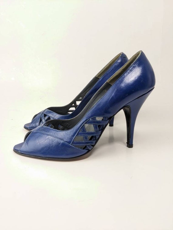 cobalt blue low heel italian leather shoe peep to… - image 5
