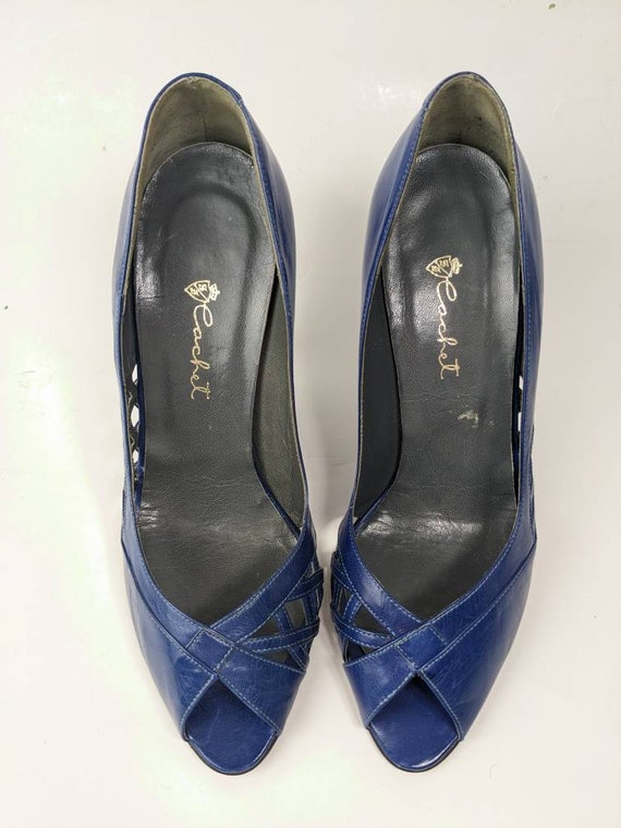 cobalt blue low heel italian leather shoe peep to… - image 9