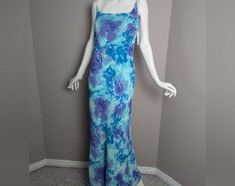 Vintage 90s Floral Maxi Dress Blue Purple Beaded Bias Cut Boho Formal 10/12