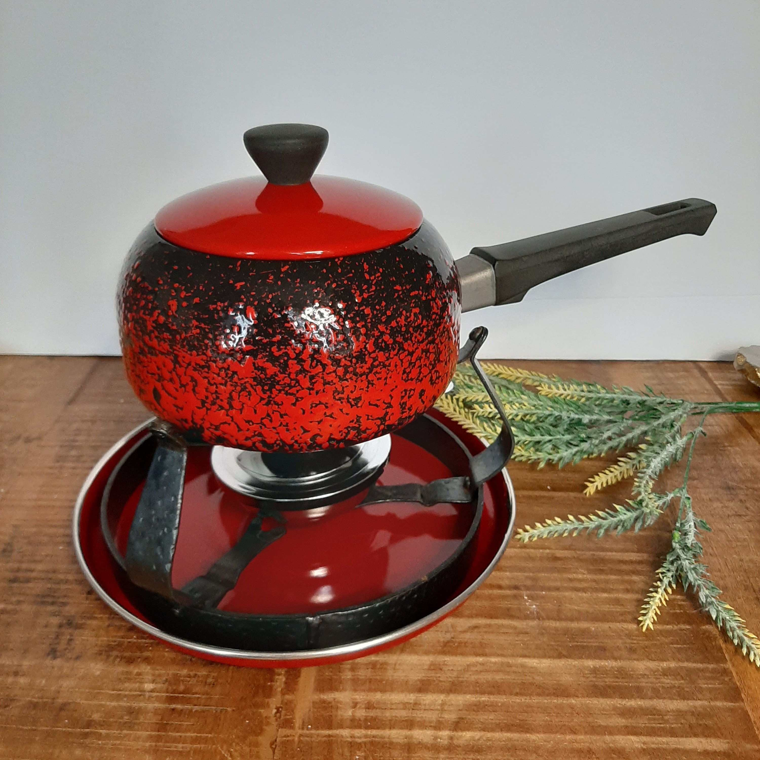 Vintage fondue pot cast iron enamel black and red speckled Etsy