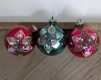 mercury glass baubles, East Germany vintage glass christmas ornaments, white glass ornament, xmas balls, 3d flowers, hand painted
