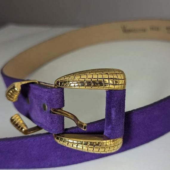 Vintage 90s Vermillion Purple Suede Belt, Gold Snake-texture 