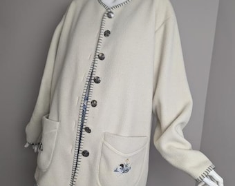 Vintage 90s Felted Fleece Jacket La Fugue Embroidered Ducks Size M Cozy Outdoorsy Style