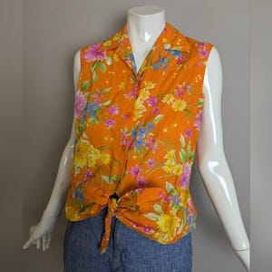 Vintage Jones NY Floral Blouse – Sleeveless Tie Front Top Small – 90s Summer Shirt