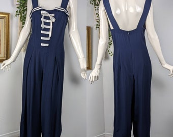 Sailorcore jumpsuit, Blue jumpsuit, sailor top, vintage resort wear, wide leg trouser jumpsuit, Nautical style one piece size 5