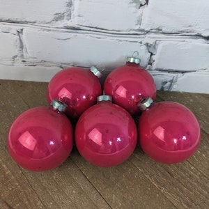 Vintage glass Christmas tree baubles, pink christmas tree ornaments, mercury glass, Set of 5