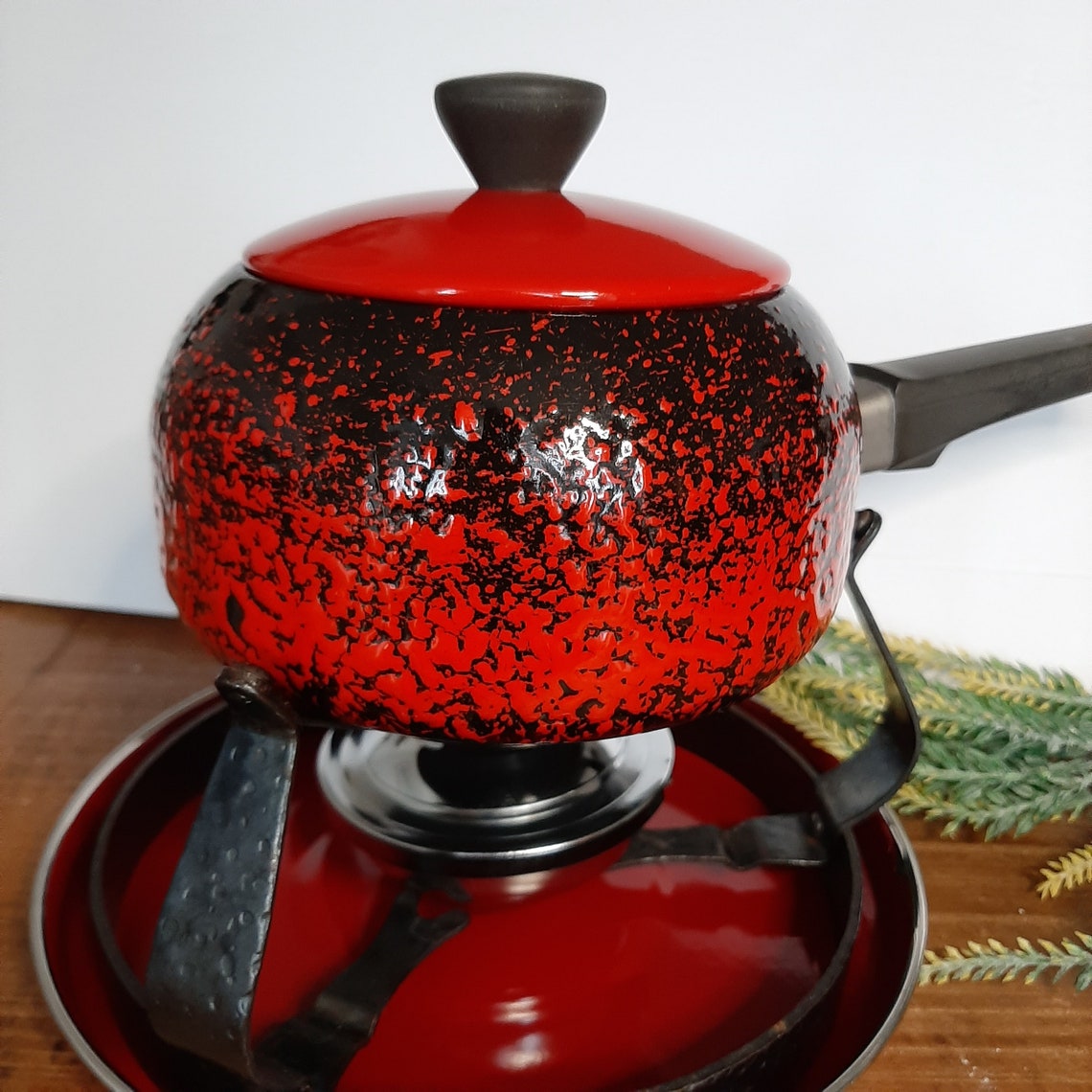 Vintage fondue pot cast iron enamel black and red speckled Etsy