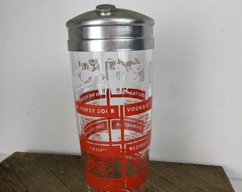 Vintage cocktail shaker, Glass and metal, Mid century modern, drink recipe red and white