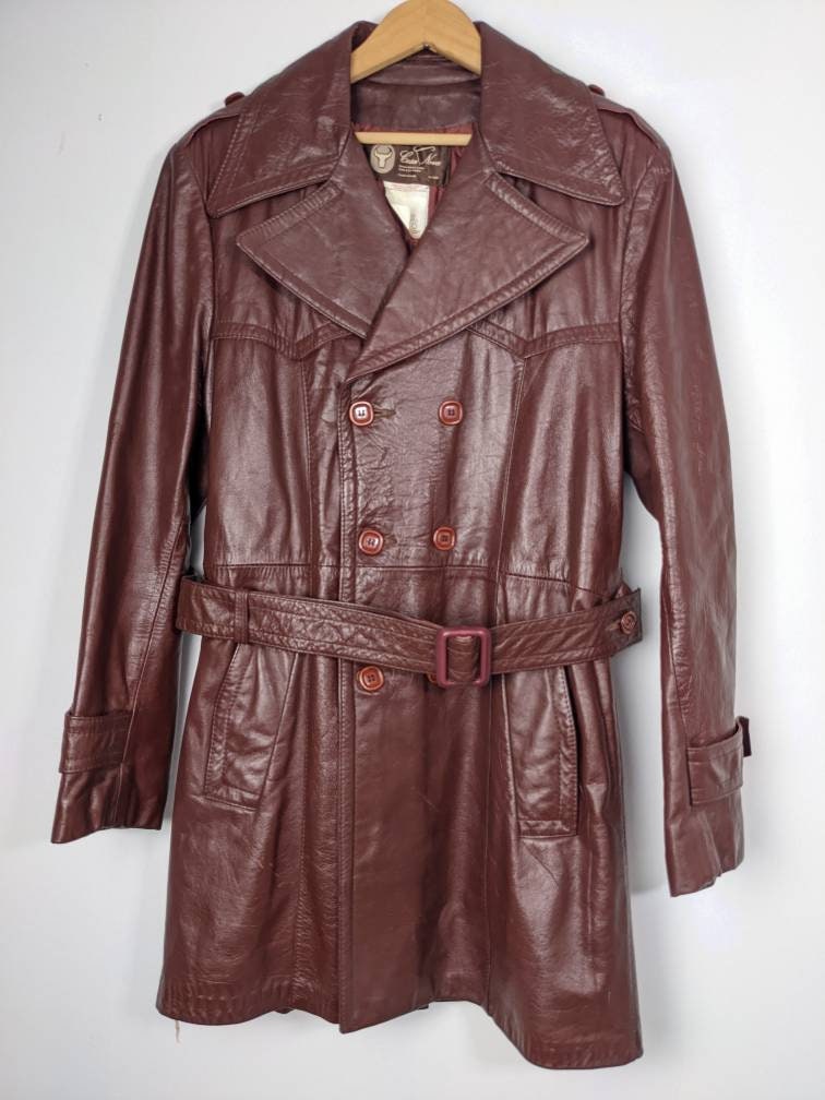 Vintage Leather Trench Coat 1970's Burgundy Leather Double