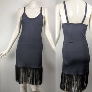 Black slip dress, body con with fringe skirt, Vintage Le chateau cocktail dress size small