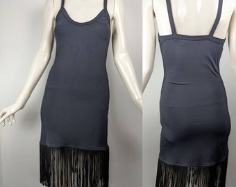 Black slip dress, body con with fringe skirt, Vintage Le chateau cocktail dress size small
