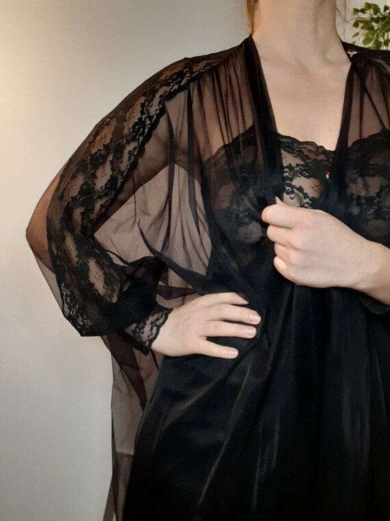 Vintage Black lace Chiffon Peignoir Negligee Set B