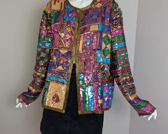 ジャケット・アウター vintage sequin jacket Vintage Sequin Jacket – 100% Silk Patchwork Blazer – Boxy Fit XL