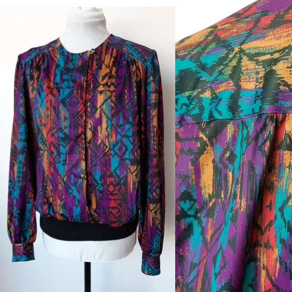 Vintage 80s colorful long sleeve blouse, vintage … - image 2