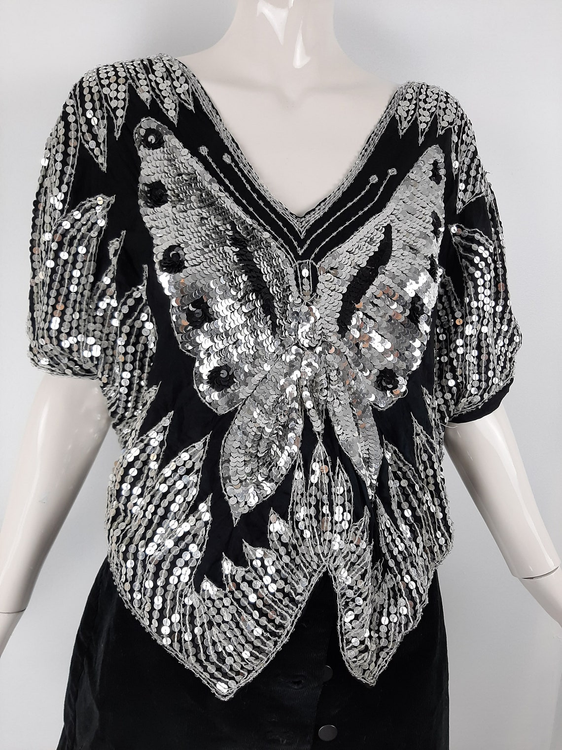 Vintage 70's butterfly top silk sequins Black and silver Etsy