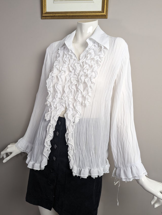 90s Asymmetrical White Ruffle Collar Blouse Cotton Blend main image 0