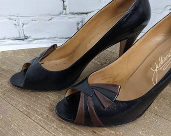 Mabel Julianelli Leather heels, Black and brown leather pumps, 1950s high heels peep toe