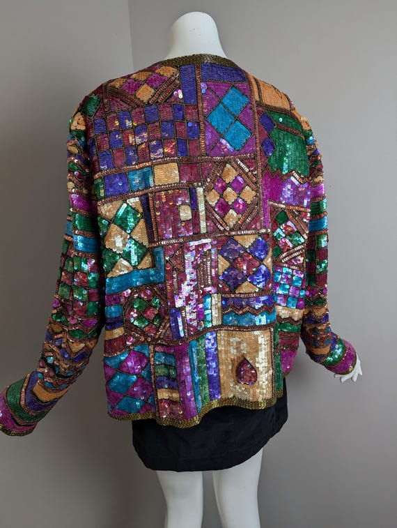 Vintage Sequin Jacket – 100% Silk Patchwork Blaze… - image 7