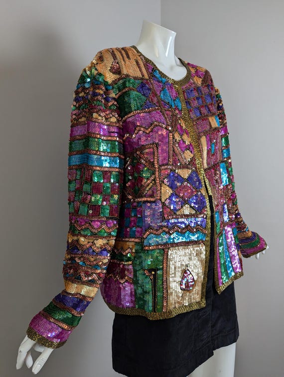 Vintage Sequin Jacket – 100% Silk Patchwork Blaze… - image 2