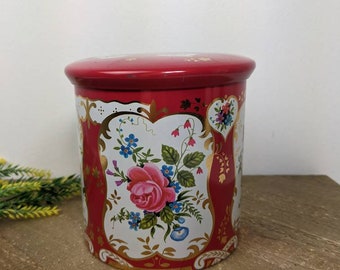 Vintage Royal Kerry Fruit drop tin, Made in england tin, Floral decorated tin, decorative kitchen tin with lid, gold red roses