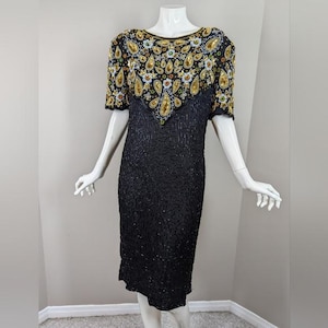 Leslie Fay Beaded Cocktail Dress Black Gold Vintage 90s Formal Evening Party Dress Size 16 Plus Beaded Sequin Glam Elegant Retro