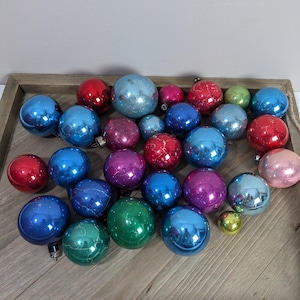 Vintage mercury glass christmas ornaments, small classic color baubles lot of 28 polish poland