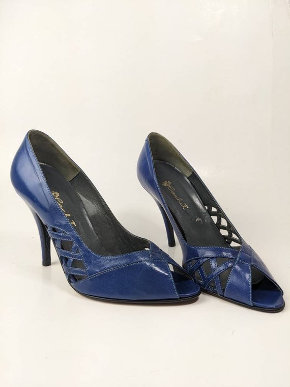 cobalt blue low heel italian leather shoe peep toe vintage size 5 retro fancy party