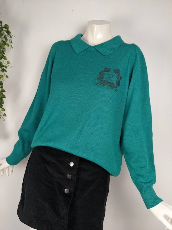 Vintage Polo shirt, Rodier France knit top, collared jumper, green knit pullover, wool sweater, Initial shirt R size s/m