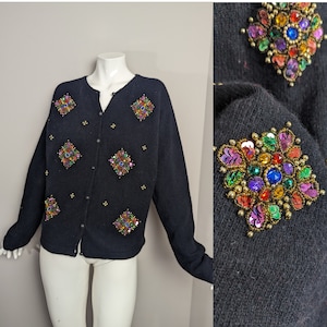 Vintage Beaded Sweater, Black Beaded Cardigan (C299), Black