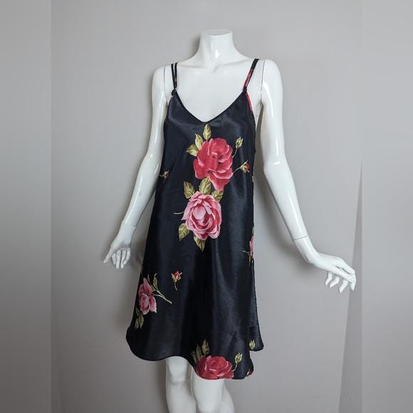 Vintage La Vie en Rose Black Floral Satin Slip Dress Crisscross Back Size L