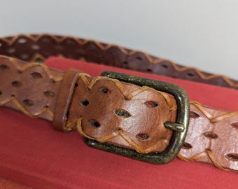 Cinturón de cuero vintage, cinturón bronceado con muescas tejidas, tamaño de detalle trenzado s/m
