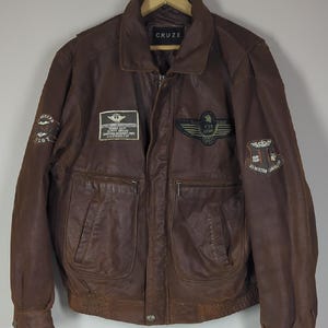 Vintage Brown Leather Bomber Jacket Aviator Pilot Style Distressed Patch Detail