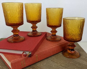 Ravenhead Siesta, Amber glass goblet,  mid century barware , Textured orange glassware set of 4