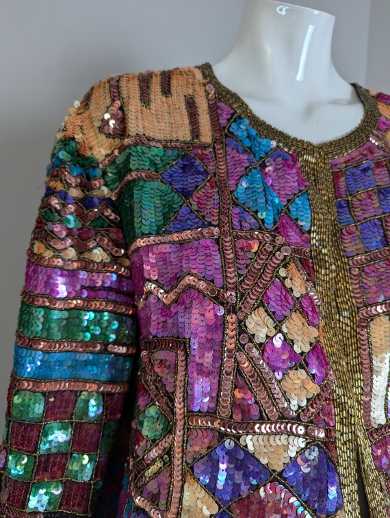Vintage Sequin Jacket – 100% Silk Patchwork Blaze… - image 4