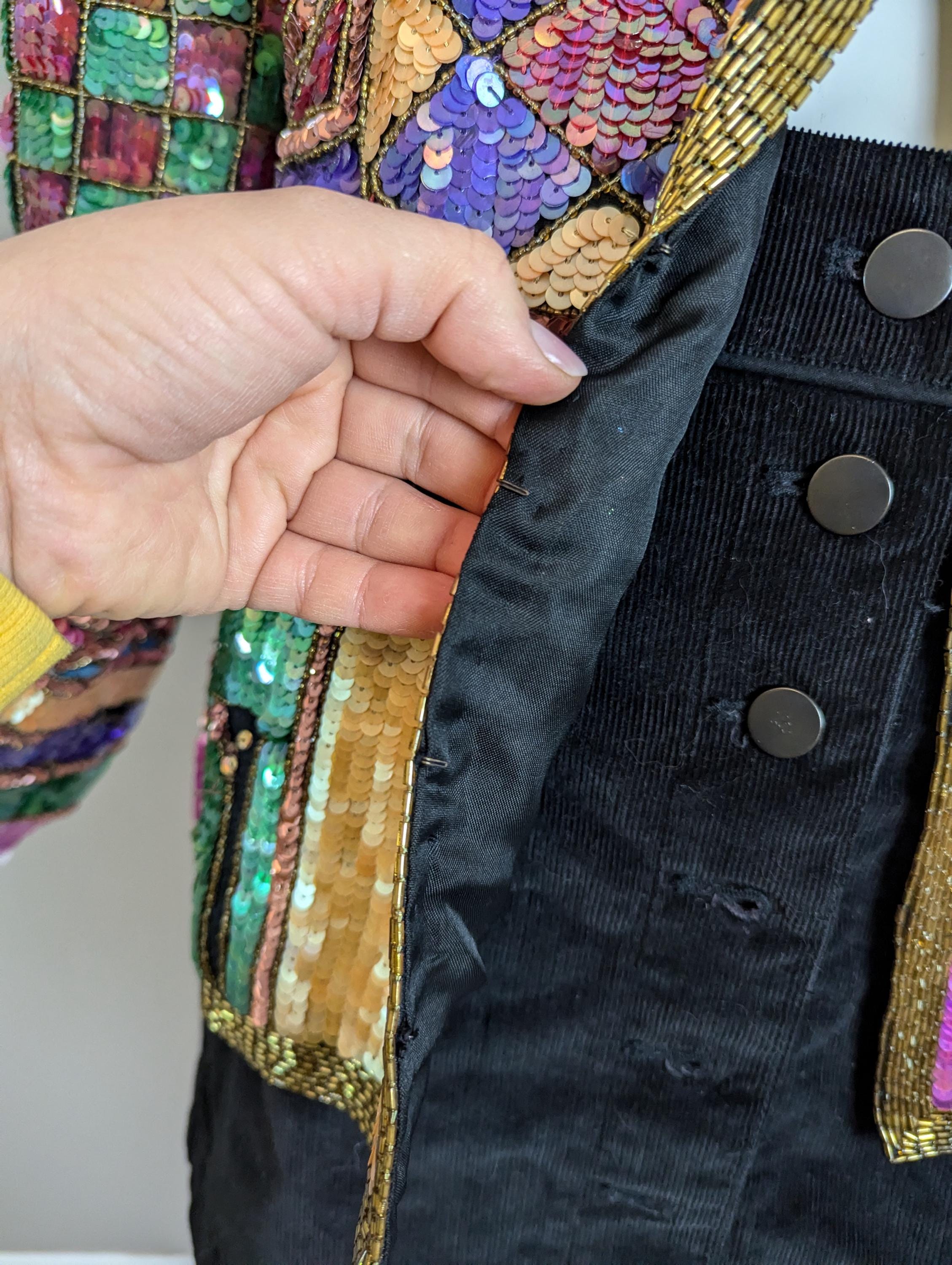 Vintage Sequin Jacket – 100% Silk Patchwork Blazer – Boxy Fit XL