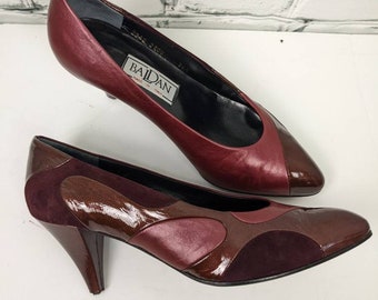 Vintage Leather pumps, Suede leather patent leather red and burgundy patchwork heels, Vintage Baldan made in italy